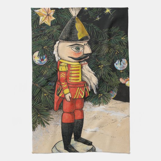 Oude Notenkraker Onder Kerstboom Theedoek (Verticaal)