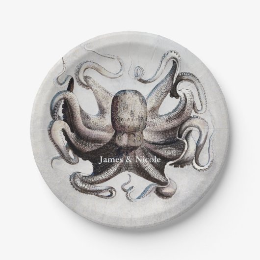 Oude Octopus Strand Elegante Douane Feestborden Papieren Bordje (Voorkant)