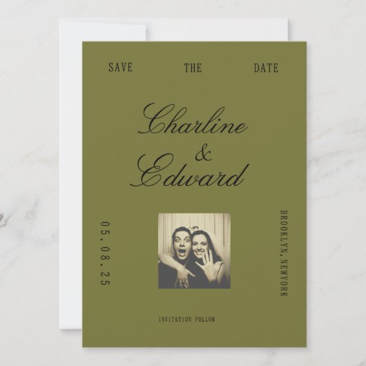 Oude Olijfgroene Foto Save the Date  (Voorkant)