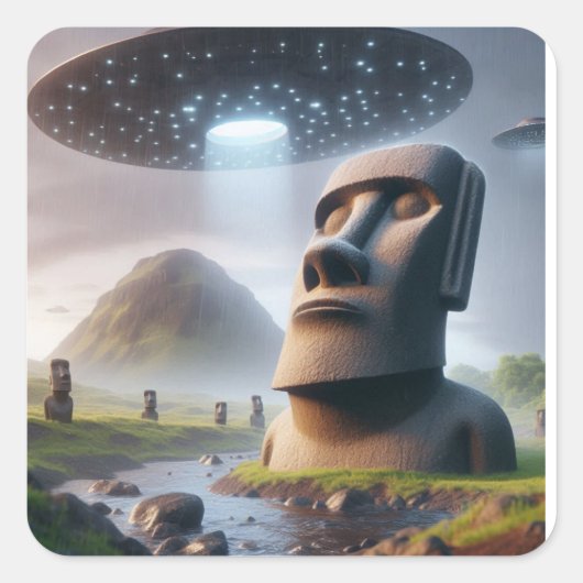 Oude Ontmoeting: Moai-beelden en UFO's Vierkante Sticker (Voorkant)