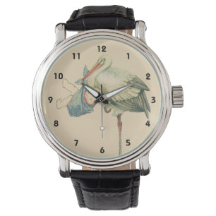 Oude Ooievaar Draagt Baby Jongen in Blauwe Deken Horloge