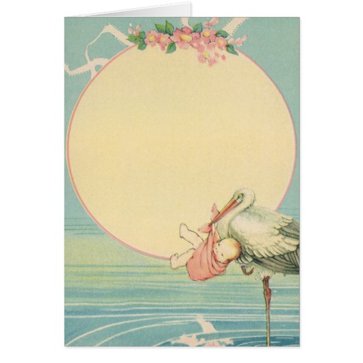 Oude Ooievaar met Baby Meisje in Roze Dekentje (Voorkant)