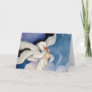 Oude Ooievaar met Baby Waterverf Kaart