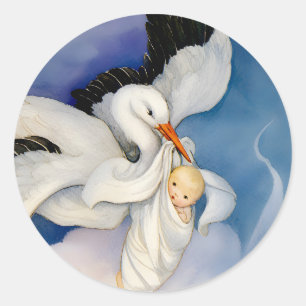 Oude Ooievaar met Baby Waterverf Ronde Sticker