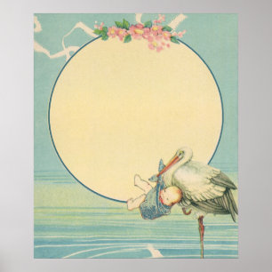 Oude Ooievaar met Babyjongen in Blauwe Deken Poster