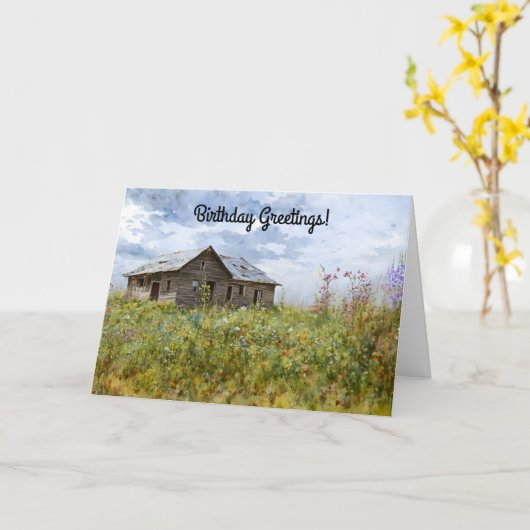 Oude Oude Huis  Art Birthday Kaart (Gele Bloem)
