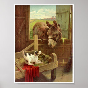 Oude paard en hond in schuur op boerderij poster