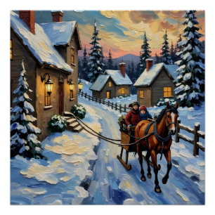 Oude paard-en-slee op besneeuwde Kerstmis Perfect Poster