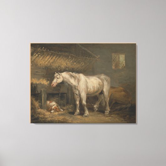 Oude paarden met een hond in een Stable door Georg Canvas Afdruk (Voorkant)