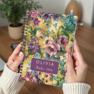 Oude paars-gele bloemmotief met monogram notitieboek