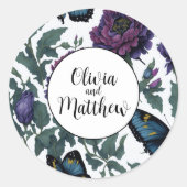 Oude paars-magenta bloemen met vlinders ronde sticker (Voorkant)