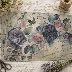 Oude paarse en roze rozen op oude schrift decoupag tissuepapier