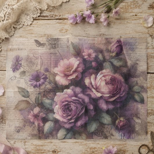 Oude Paarse Roos & Botanische Collage Decoupage Tissuepapier