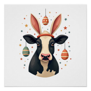 Oude Paas Koe Konijn Oren Cute Boerderij Dier Ei Perfect Poster
