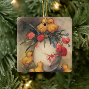 Oude Paas Kuikens, Ei met Rode Tulp Bloemen Keramisch Ornament