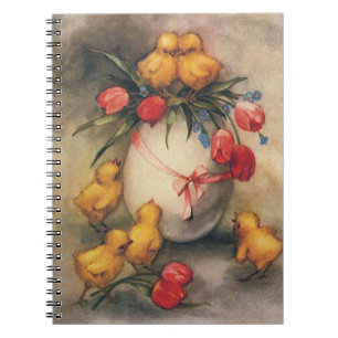Oude Paas Kuikens, Ei met Rode Tulp Bloemen Notitieboek