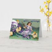 Oude Paasgroeten Meisje Ei Kuiken Kar Kaart (Gele Bloem)