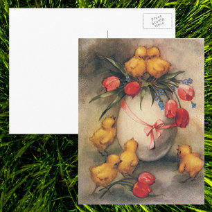 Oude Paashaantjes met Rode Tulp Bloemen Feestdagenkaart