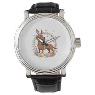 Oude Paashaas Dachshund Hond met Bloemenei Horloge