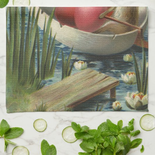 Oude Paashaas in een boot met Paaseieren Theedoek (Gevouwen)