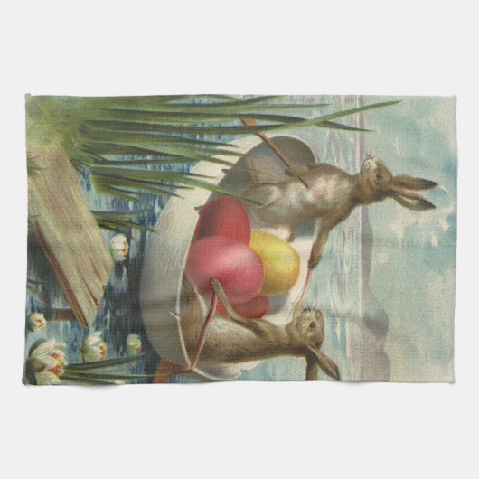 Oude Paashaas in een boot met Paaseieren Theedoek (Horizontaal)