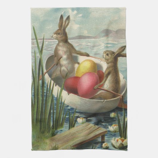 Oude Paashaas in een boot met Paaseieren Theedoek (Verticaal)