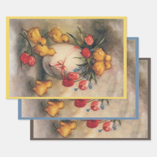 Oude Paaskuikens, Ei met Rode Tulp Bloemen Inpakpapier Vel