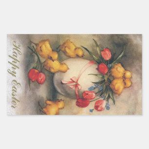 Oude Paaskuikens met rode tulp bloemen Rechthoekige Sticker