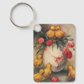 Oude Paaskuikens met Rode Tulp Bloemen Sleutelhanger (Voorkant)