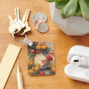 Oude Paaskuikens met Rode Tulp Bloemen Sleutelhanger
