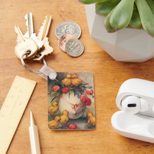 Oude Paaskuikens met Rode Tulp Bloemen Sleutelhanger (Bureau)