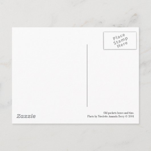 Oude pakketten, dozen en blikken. briefkaart (Achterkant)