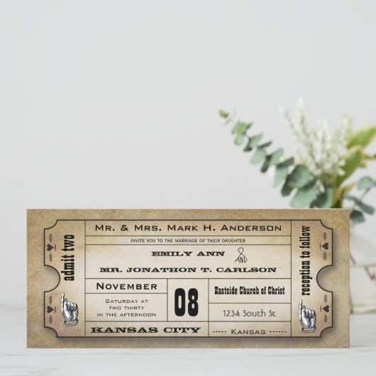 Oude papieren  moderne typografie Ticket Wedding Kaart (Staand voorkant)