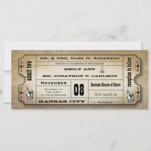 Oude papieren  moderne typografie Ticket Wedding Kaart (Voorkant)