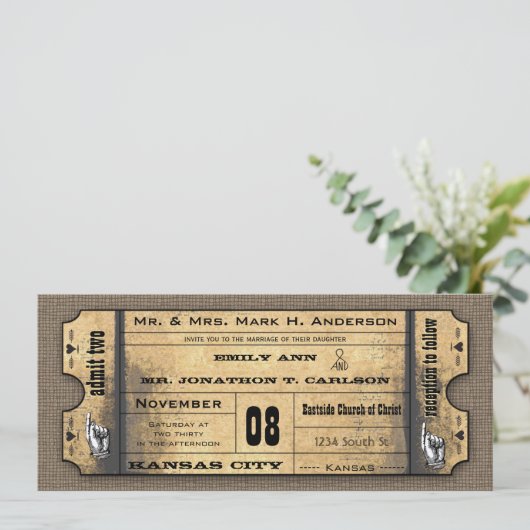 Oude papieren  moderne typografie Ticket Wedding Kaart (Staand voorkant)