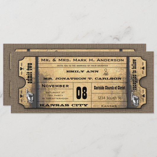 Oude papieren moderne typografie Ticket Wedding Kaart (Voorkant / Achterkant)