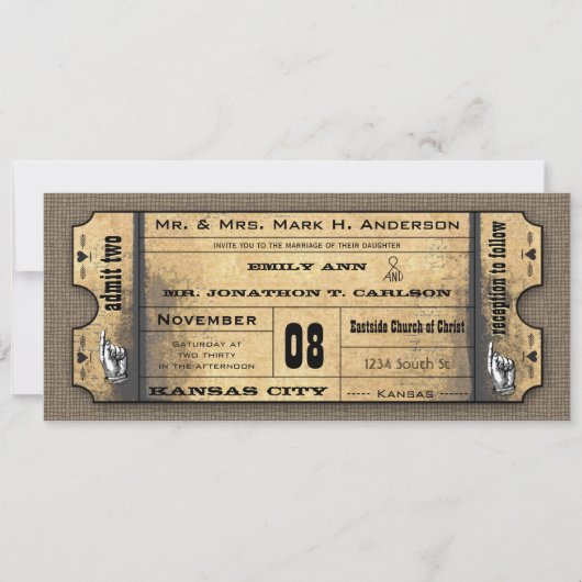 Oude papieren  moderne typografie Ticket Wedding Kaart (Voorkant)