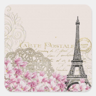 Oude Parijse ansichtkaart en roze bloemen Vierkante Sticker