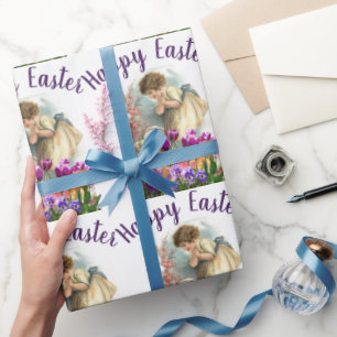Oude Pasen Meisje met Tulp Bloemen   Cadeaupapier