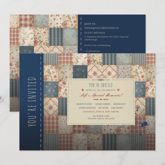 Oude Patchwork Dekbed Uitnodiging voor Iedere Gele (Voorkant / Achterkant)