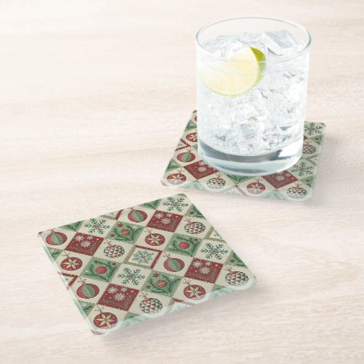 Oude Patchwork Gequilted Kerstpatroon Glazen Onderzetter (Schuin)