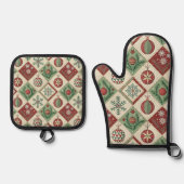 Oude Patchwork Gequilted Kerstpatroon Ovenwant & Pannenlap Set (Voorkant)