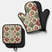 Oude Patchwork Gequilted Kerstpatroon Ovenwant & Pannenlap Set (Voorkant / Achterkant)