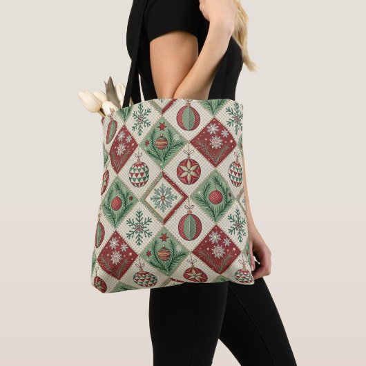 Oude Patchwork Gequilted Kerstpatroon Tote Bag (Dichtbij)