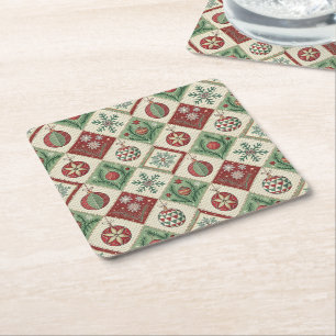 Oude Patchwork Gequiltte Kerstpatroon Kartonnen Onderzetters