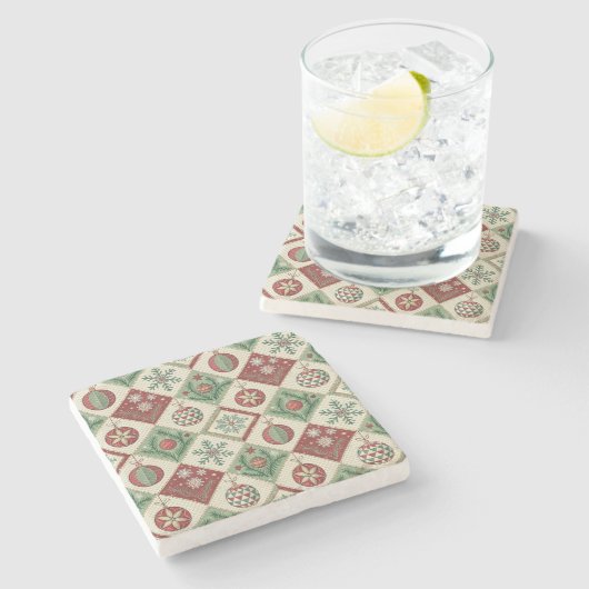 Oude Patchwork Gequiltte Kerstpatroon Stenen Onderzetter (Zijkant)