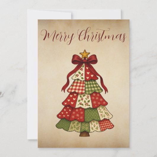 Oude patchwork kerstboom kerstkaart (Voorkant)