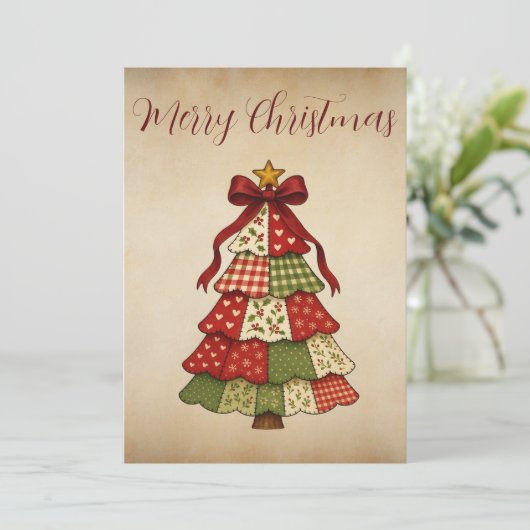 Oude patchwork kerstboom kerstkaart (Staand voorkant)