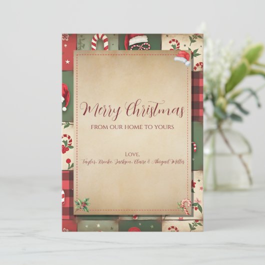 Oude Patchwork Kerstkaart Vanuit Ons Thuis (Staand voorkant)
