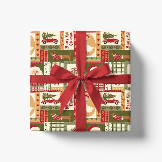 Oude patchwork Kerstmis Rood & Groen Cadeaupapier